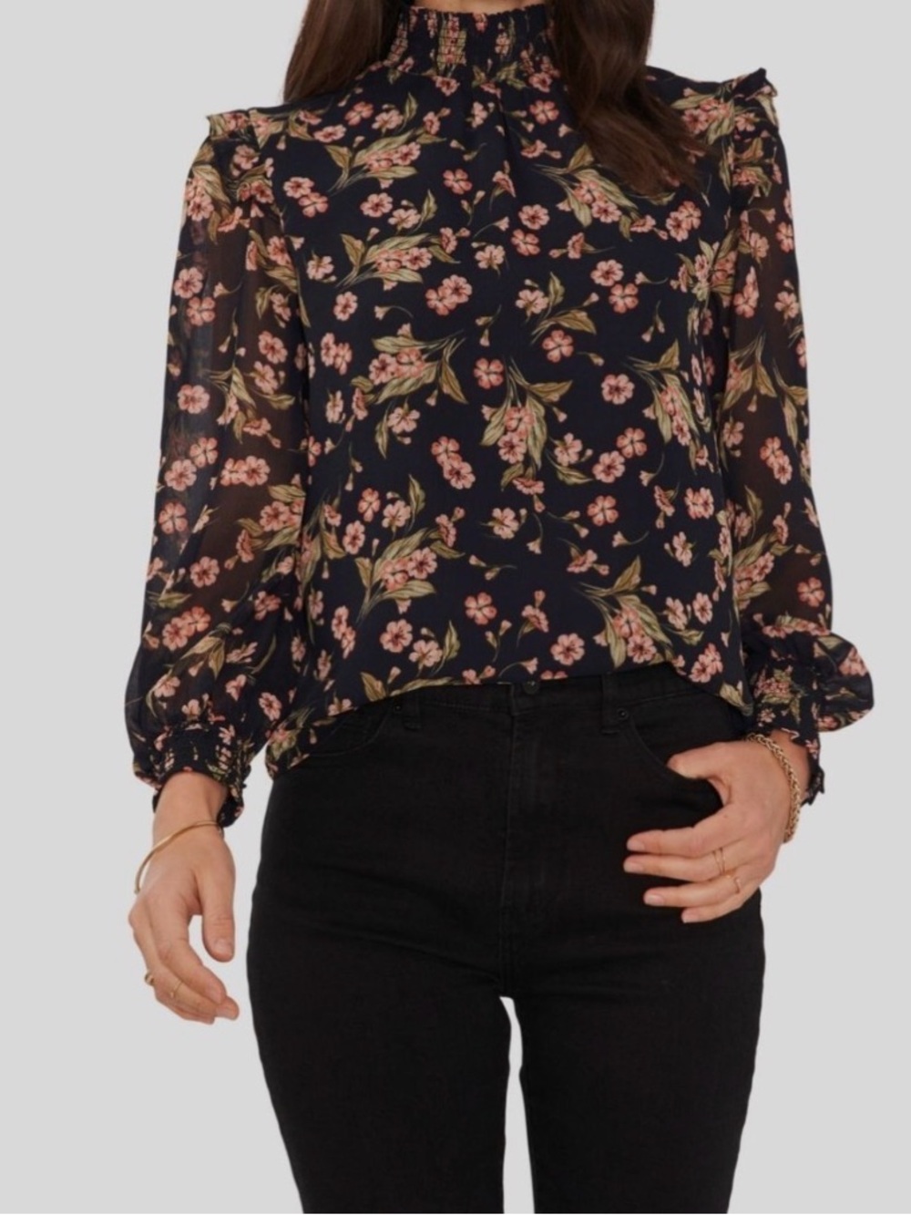 Smocked-Neck Floral Blouse in Navy with Pink Blossoms